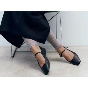 ZARA Black Leather Mary Jane Ballet Flats Square Toe Buckle Women's EU 38 US 7.5